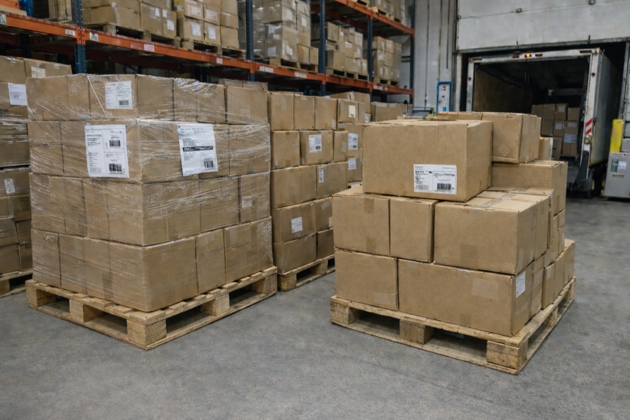 Pure Maxx warehouse — shipping boxes on pallets ready for dispatch